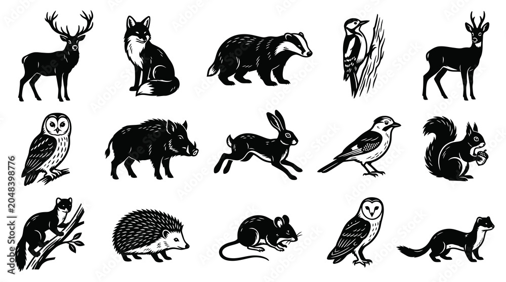 Obraz premium European Forest Wildlife Animals Black White Vintage Engraving Style Icons Set