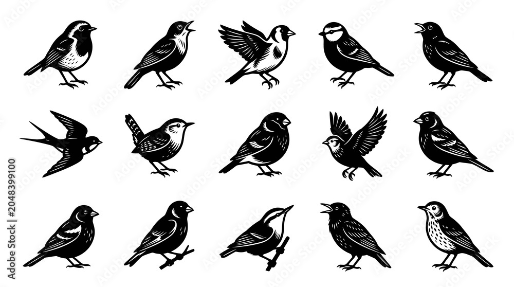 Fototapeta premium Black and White Line Art Illustration of Various Bird Species, Vector Stock