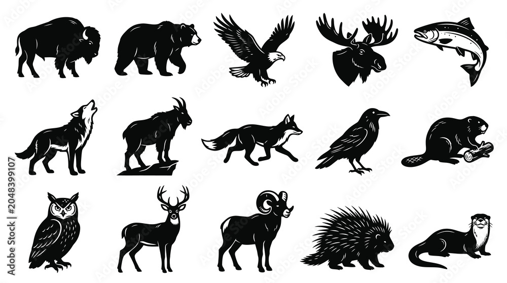 Obraz premium Black and White Vector Icons of North American Wildlife Animals Set