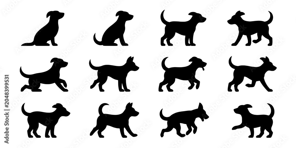 Fototapeta premium Dog Paw and Silhouette Icon Set with Varied Breeds and Standing Poses for Pet Logos and Stickers Featuring Canine, Logo, Sticker with Breed and Hound