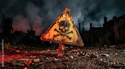 Hazardous area warning sign at military base with skull and crossbones symbolizing danger and toxicity in dark environment