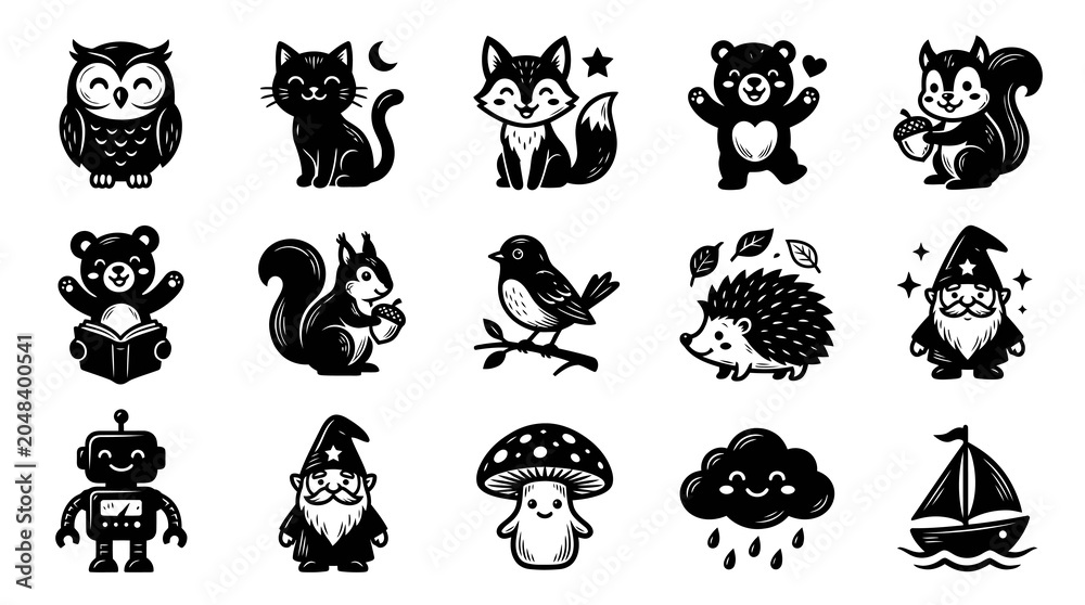 Obraz premium Black and White Cute Whimsical Glyph Vector Illustrations for Children, Nature and Fantasy Themes