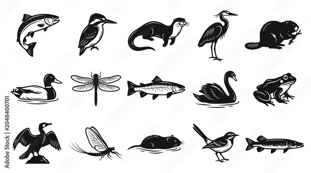 Obraz premium Black and White Vector Icons of River Animals and Birds