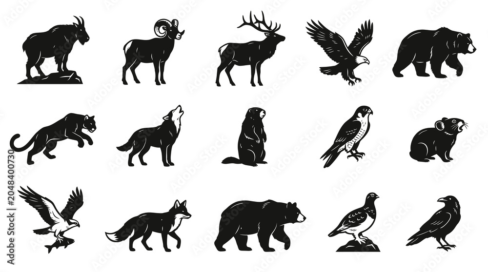 Fototapeta premium Black White Vector Icons of Wild Animals for Nature Wildlife Industry