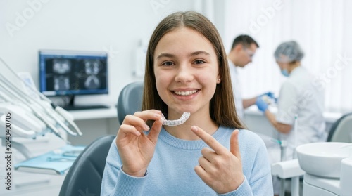 Smiling teenage girl holding a clear orthodontic aligner in a dental clinic, demonstrating invisible plastic braces used for teeth correction. 