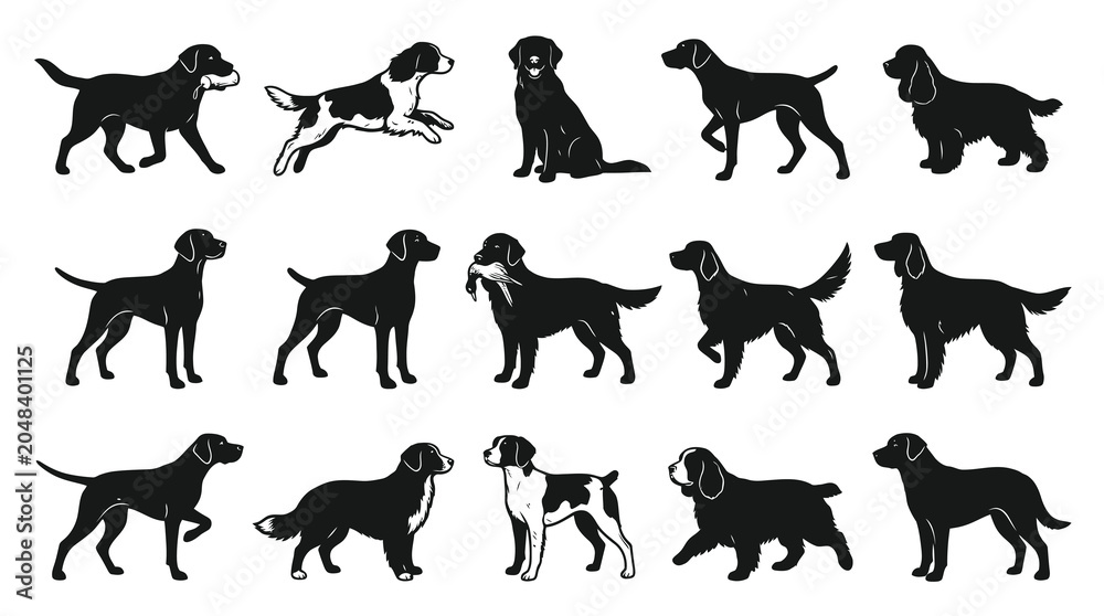 Obraz premium Black and White Vector Dog Silhouettes Collection - Set of Various Breeds for Pet, Animal, and Hunting Themes