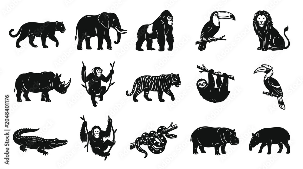Fototapeta premium Jungle Safari Wild Animals Black and White Glyph Vector Icons Set