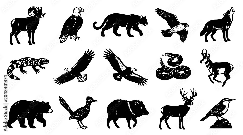 Obraz premium Black White Line Art Animals: Wildlife Icons for Nature and Ecology
