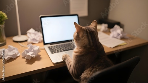 A cute cat sitting at a desk and working on a laptop computer.
