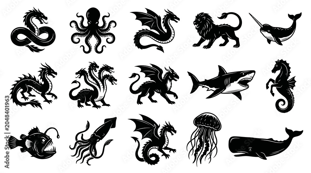 Obraz premium Mythical Beasts Ocean Animals Black White Glyph Vector Icon Set