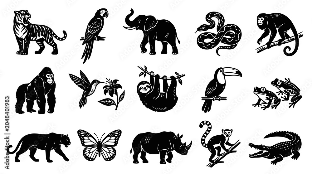 Fototapeta premium Black and White Glyph Rainforest Jungle Animals Icon Set. Tropical Wildlife Creatures and Fauna Vector Collection.
