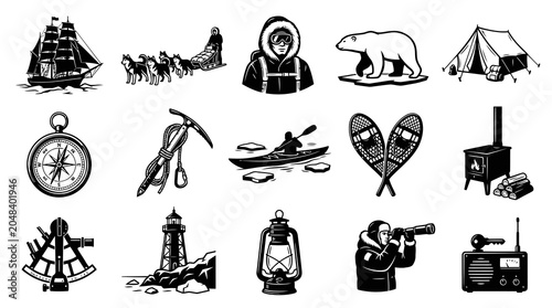 Arctic Expedition Icons: Black and White Vector Set