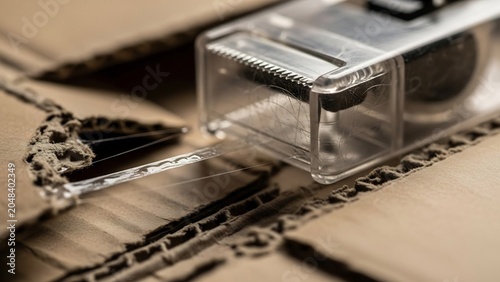 Close-animated movie macro shot of a clear plastic tape dispenser cutting through rough corrugated cardboard, showing tape strands and textured material.