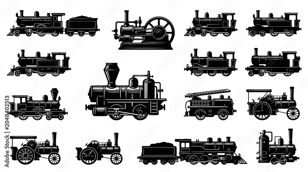 Obraz premium Vintage Steam Locomotives and Engines Collection Black and White Line Art Glyph Vector Set