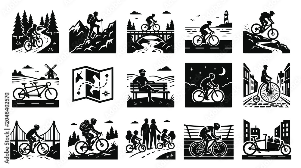 Fototapeta premium Black and White Glyph Icons Set depicting Cycling, Outdoor Recreation, and Travel Adventures
