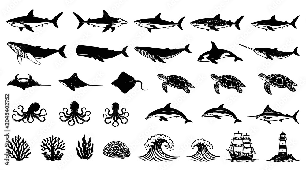 Fototapeta premium Black and white line art vector icons for marine life, ocean creatures, sea animals, and nautical elements collection.