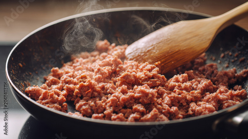 Minced meat browning in a hot skillet stirred with a wooden spoon, steam rising during cooking