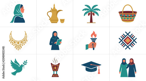 Colorful icons representing cultural elements and activities