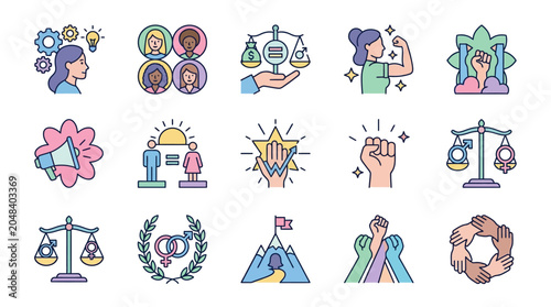 Colorful icons representing equality, justice, and empowerment