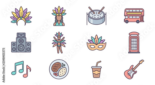 Colorful icons representing festival culture and activities