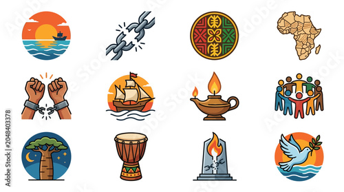 Colorful icons representing culture, unity, and nature