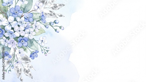 Watercolor blue and white cherry blossoms with copy space