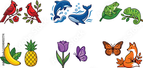 Canvas Print Wildlife and Nature Vector Icon Set Featuring Pairs of Cardinal Birds Marine Mam