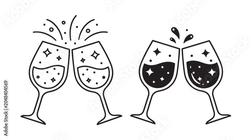 Tableau sur toile Wine Glasses Clinking with Champagne Bubbles, Celebratory Toast Icon Illustratio
