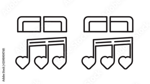 Billede på lærred Music Notes with Heart-Shaped Bottoms and Bars on Top Presented Twice as Black Outline Icons with Thick Lines for a Modern Design