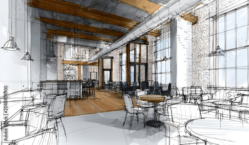 Interior architectural rendering, sketched perspective, showcasing a spacious cafe design with exposed brick, beams, and large windows. Includes seating and bar