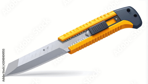 Detailed semi-3D illustration of a professional-grade utility knife, showcasing its sharp retractable blade and ergonomic yellow-and-black textured grip, perfect for precise cutting