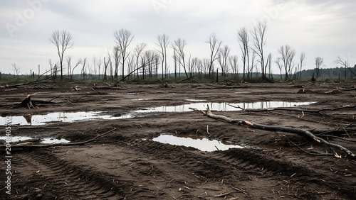 Devastated forest landscape with muddy terrain and puddles, remnants of deforestation under a cloudy sky.