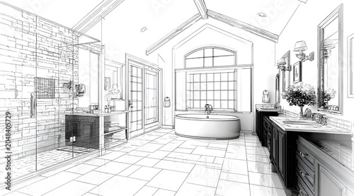 Architectural rendering of a spacious bathroom with stone accents, a modern shower, a large soaking tub, and natural light