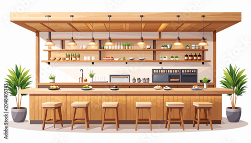 Modern Japanese Style Restaurant Bar Interior Illustration with Light Wood Counter and High Stools, Minimalist Cafe Design Concept for Inviting Dining and Socializing Space