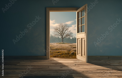 An open doorway frames a scenic view of a field, forest, and sky, centered by a solitary, bare tree bathed in sunlight