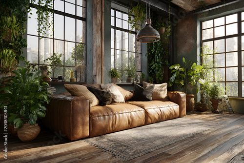 An interior space presents a living area with a brown leather couch amid many potted plants near large windows overlooking cityscape