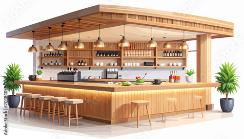 A warm and inviting wooden bar area featuring a coffee machine, stools, and potted plants, perfect for a cozy establishment
