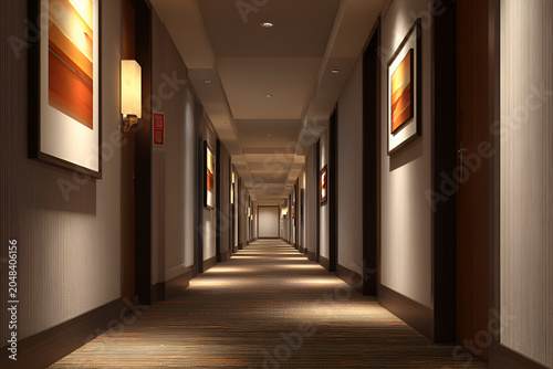 An endless corridor in a building with artwork and doors. Warm lighting illuminates the space, creating a cozy atmosphere