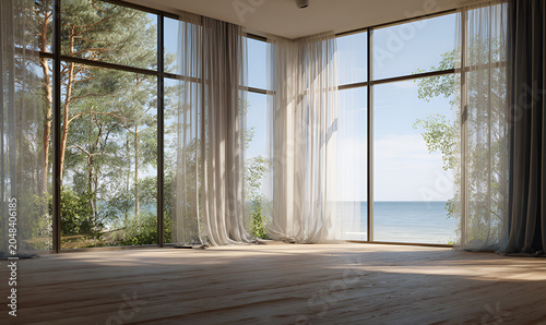 An empty room with large windows offers a panoramic view of the sea and surrounding trees, draped with elegant curtains