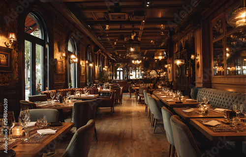 An elegant restaurant interior features rich wood paneling, ornate ceilings, soft lighting, and tables set for dining. Windows provide natural light
