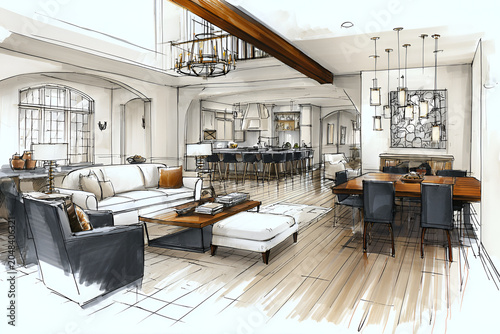 An airy interior architectural rendering depicts an open-concept living space, blending a lounge, dining zone, and kitchen. Soft lighting highlights the cozy furniture