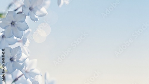 Pale blue flowers with soft bokeh lights and copy space background