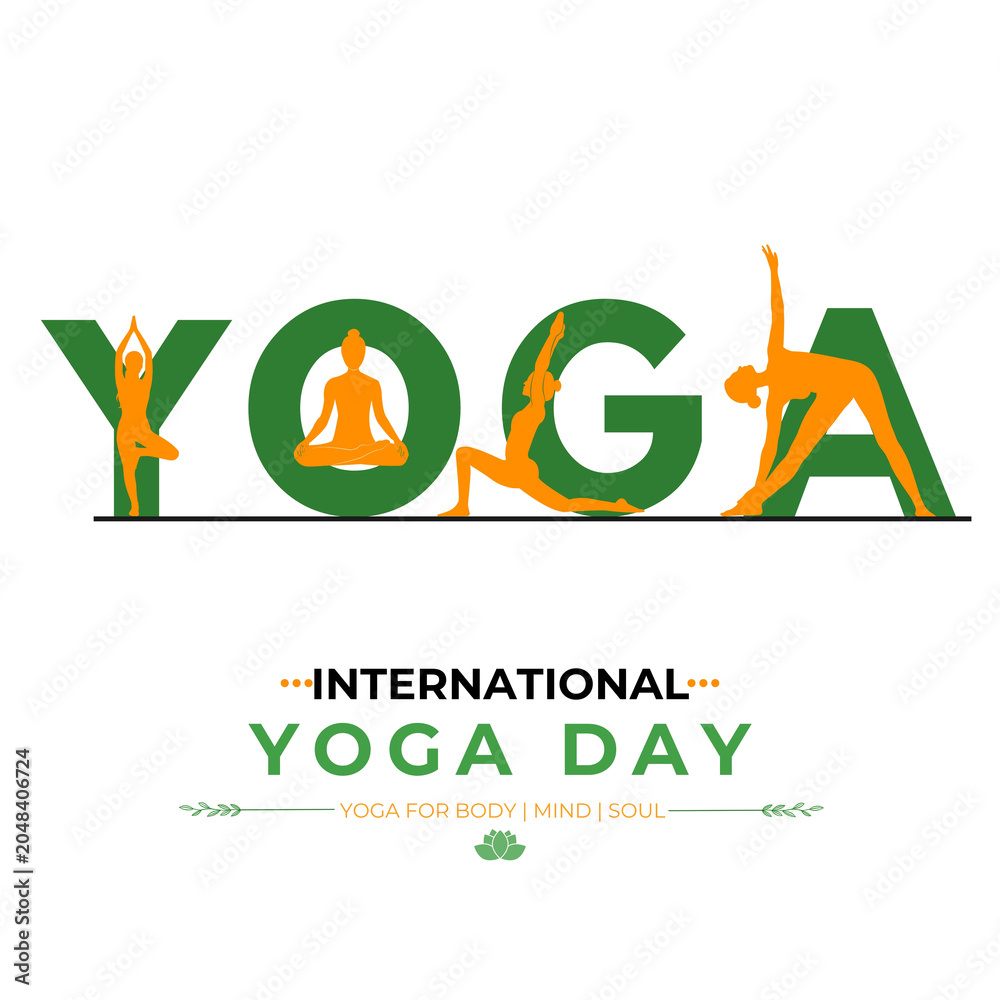 Fototapeta premium International Yoga Day Typography Illustration with Creative Yoga Poses and Wellness Concept