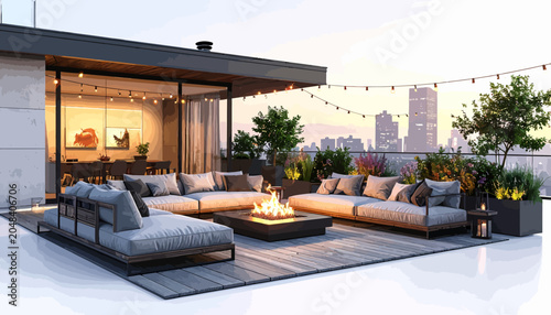 Sophisticated urban rooftop patio rendered in a semi-3D illustrative style, showcasing modern outdoor furniture, a cozy fire pit, and decorative string lights against a blurred city skyline at dusk