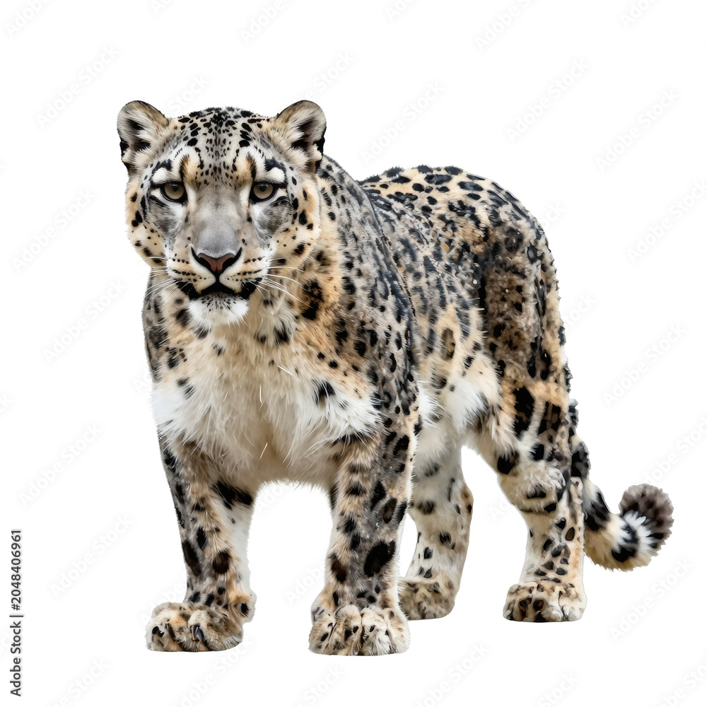 Fototapeta premium Beautiful snow leopard standing and looking straight at the viewer on a white background