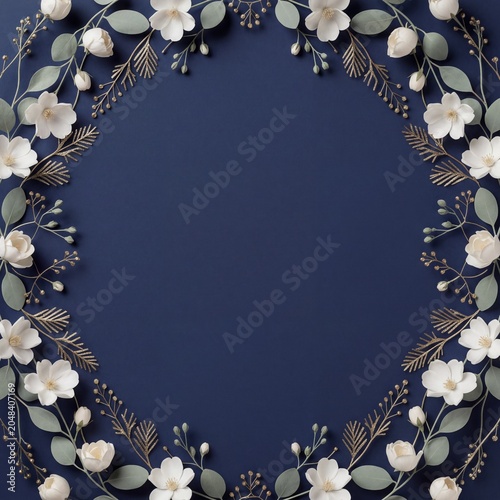 Elegant floral wreath with white flowers and gold on navy blue