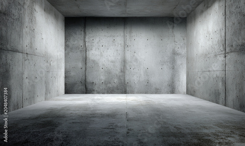 A raw, industrial space rendered in grey tones, features concrete walls and floor. The lighting creates shadows