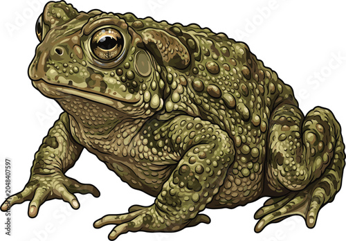 Fotografía Detailed green bumpy common toad sitting side view vector illustration, textured