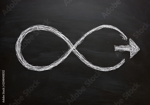 A chalk-drawn infinity symbol with an arrow, suggesting continuous movement and progression, on a dark chalkboard background