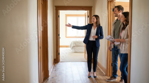 Real estate agent shows hallway features to smiling couple during home tour with brochure bright wood trim empty rooms buyer guidance relocation property viewing service concept marketing